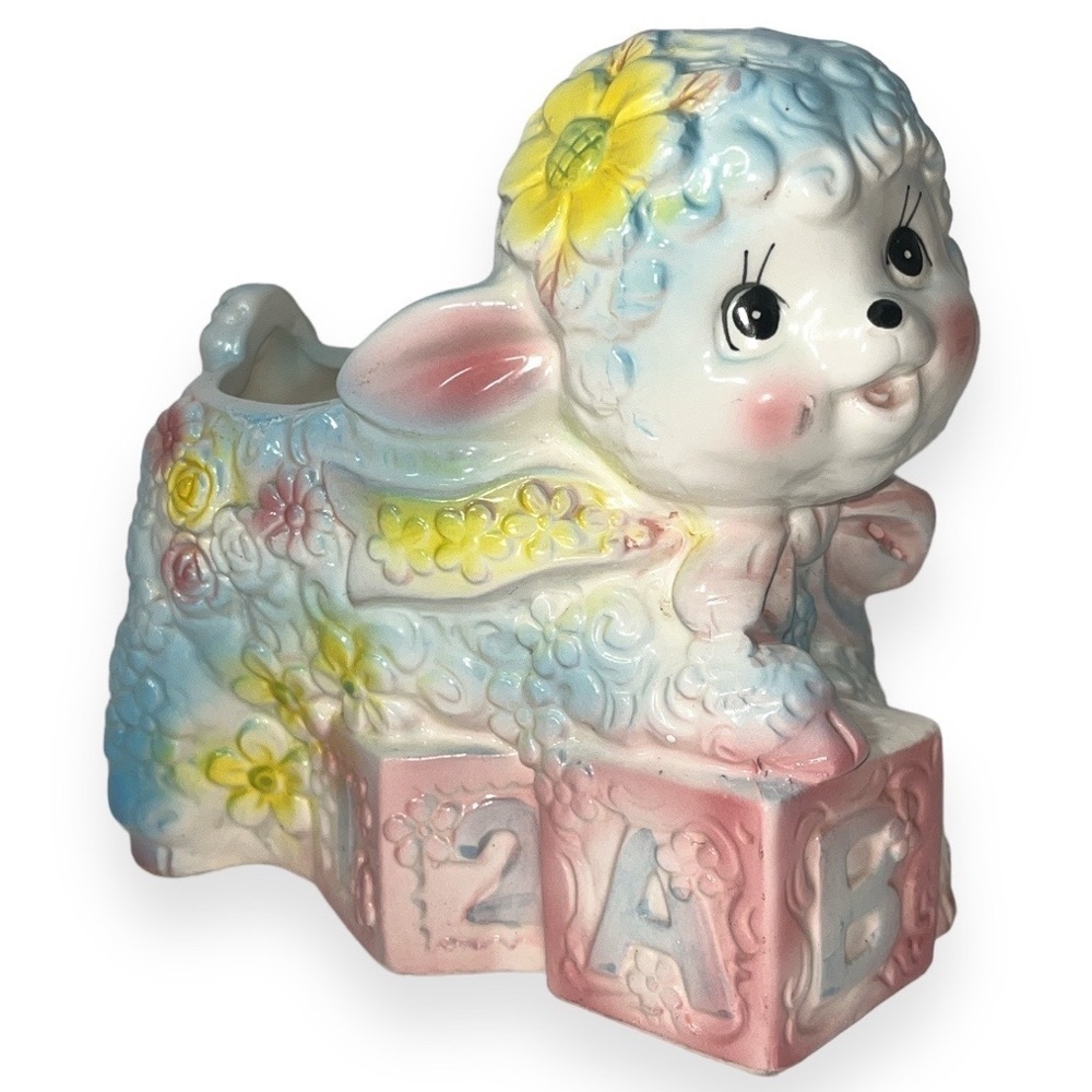 Vintage Baby Lamb Blocks Ceramic Planter Trinket Bowl Inarco Japan E6040 Nursery